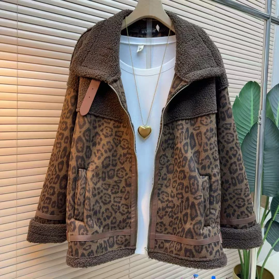 胖mm欧货时尚加绒豹纹时髦宽松5102保暖冬季短款简约韩版外套