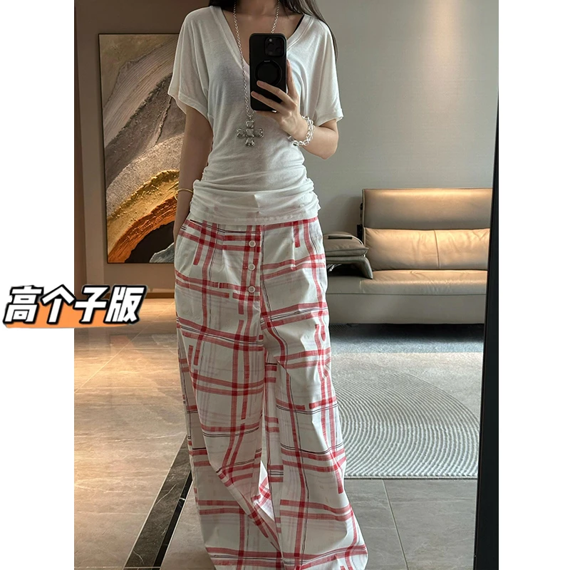 裤长112cm高个子加长红格子休闲裤女夏季薄款宽松直筒阔腿拖地裤