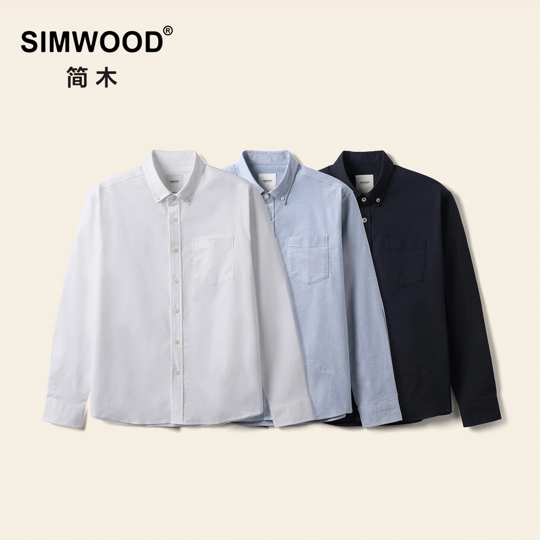 SIMWOOD/简木【合体版】180g莱卡弹力牛津纺绣花长袖衬衫男SO130101