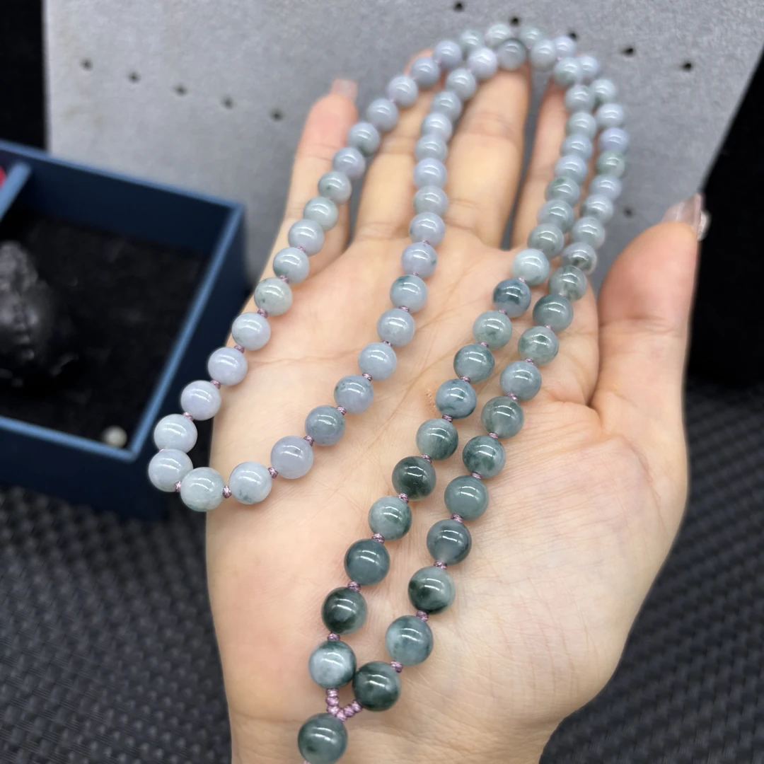 高档天然缅甸A货翡翠紫罗兰飘花圆珠7mm玉石挂件绳项链毛衣链百搭