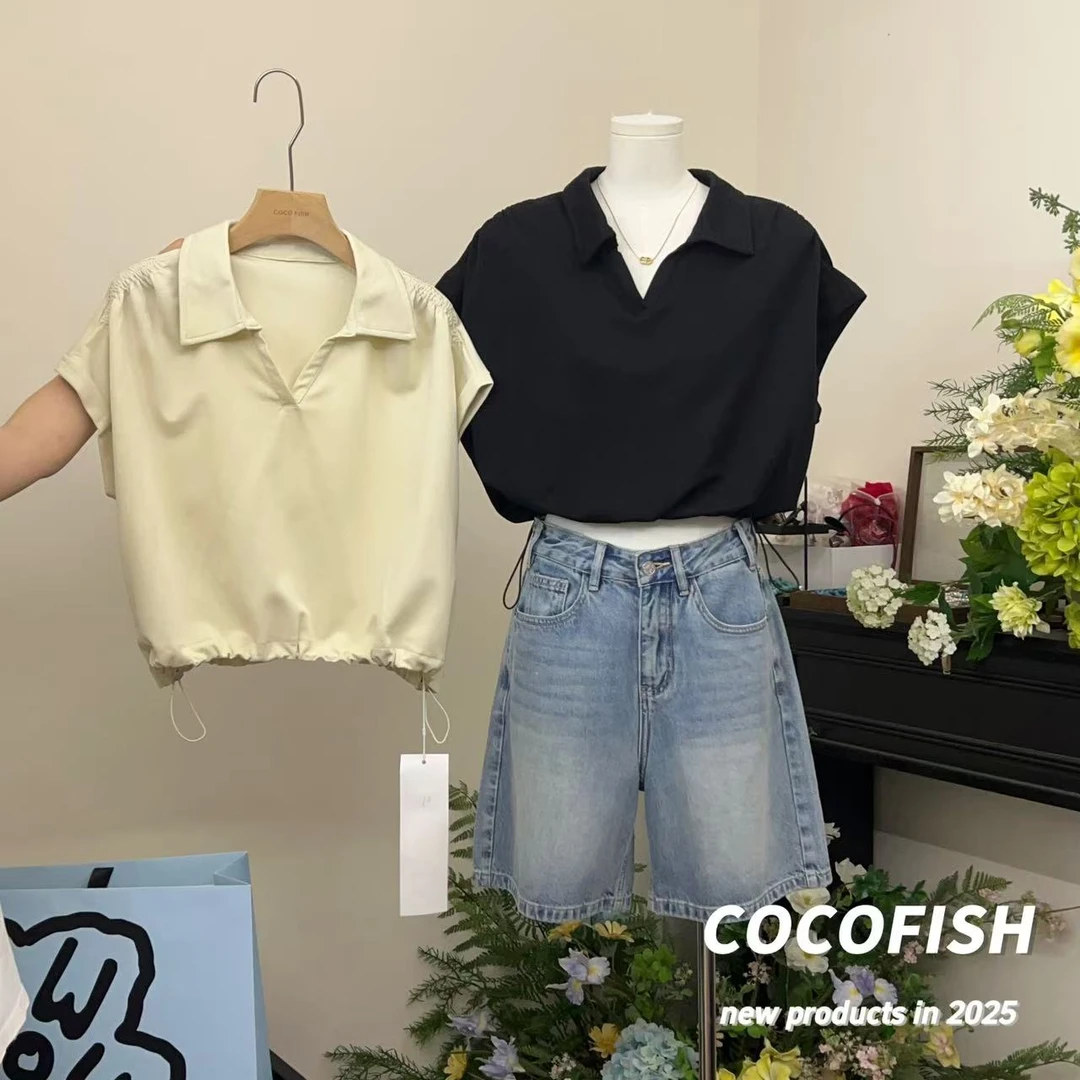 极简风翻领抽绳设计感短袖上衣#8742