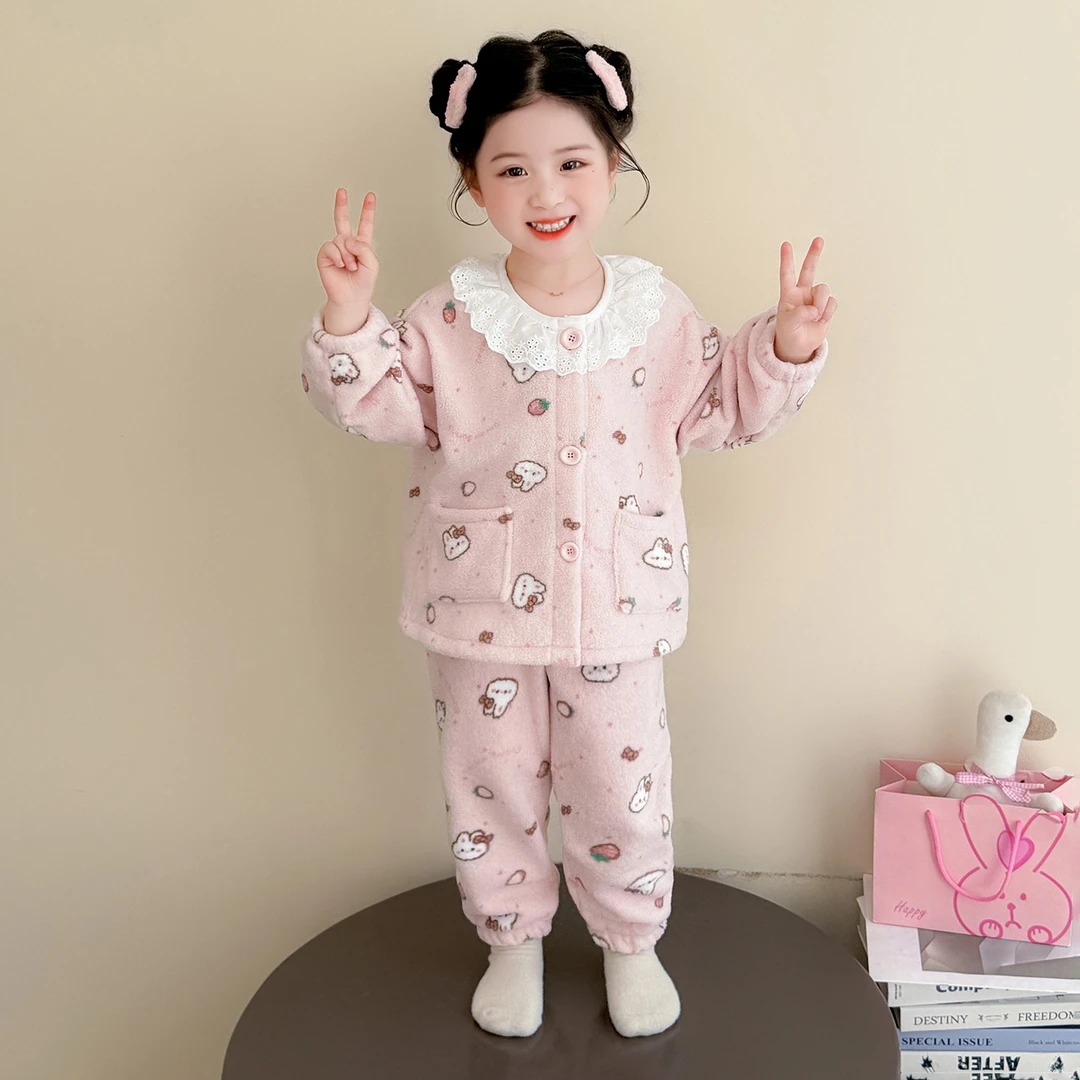 女童睡衣套装法兰绒秋冬款2025新款儿童珊瑚绒开衫家居服宝宝女孩