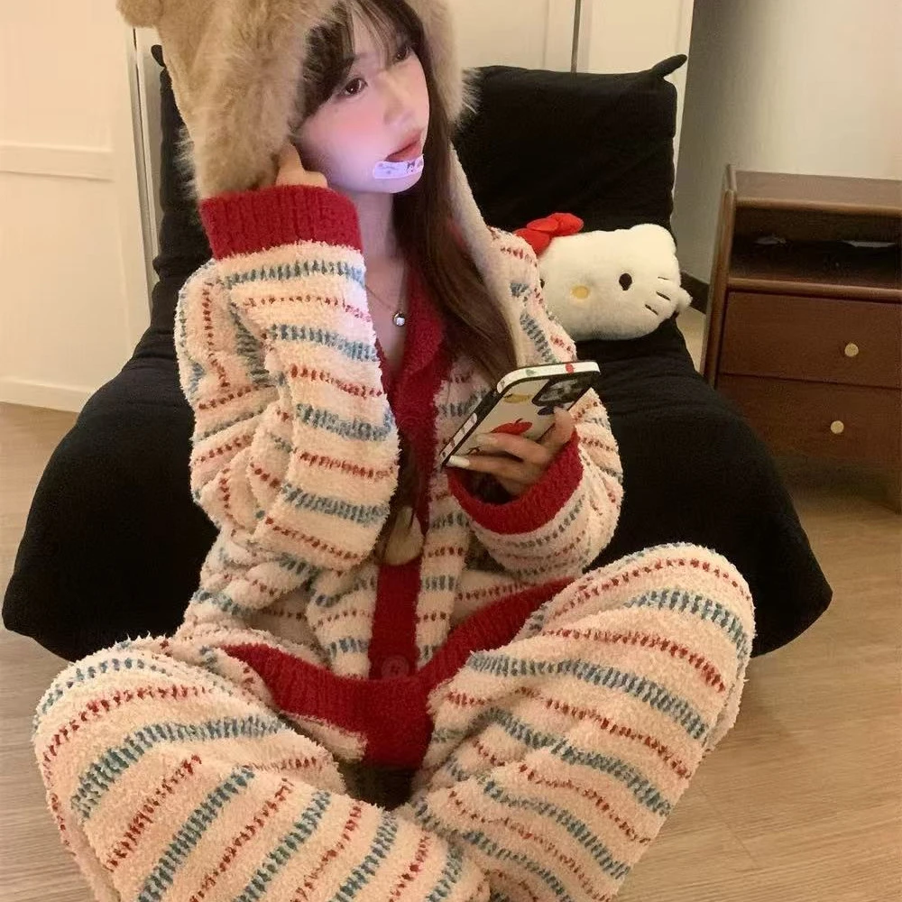 复古条纹日系慵懒风秋冬新款加厚保暖可外穿女士半边绒睡衣套装