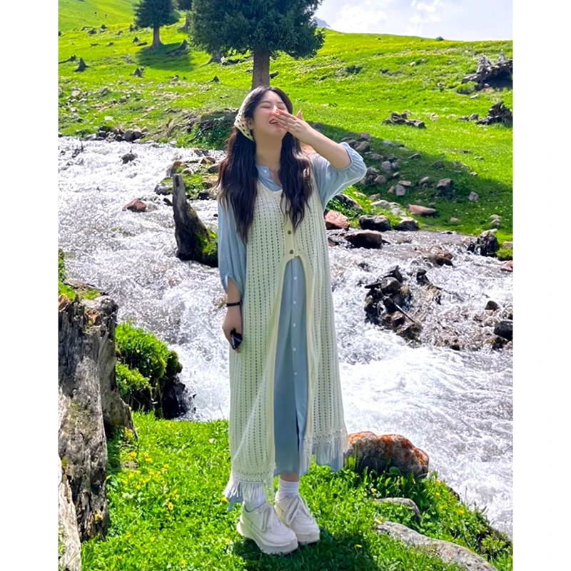 大尺码胖mm夏日旅行度假穿搭流苏裙边宽松叠穿镂空罩衫两件式洋装