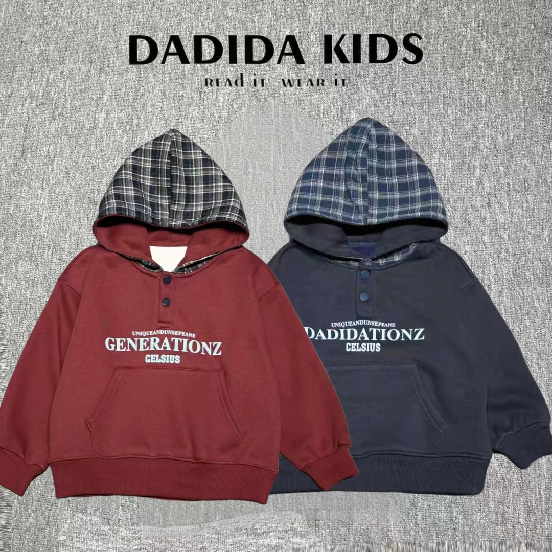 dadida/嗒嘀嗒冬酒红连帽加绒男童保暖印花休闲字母卫衣505120005