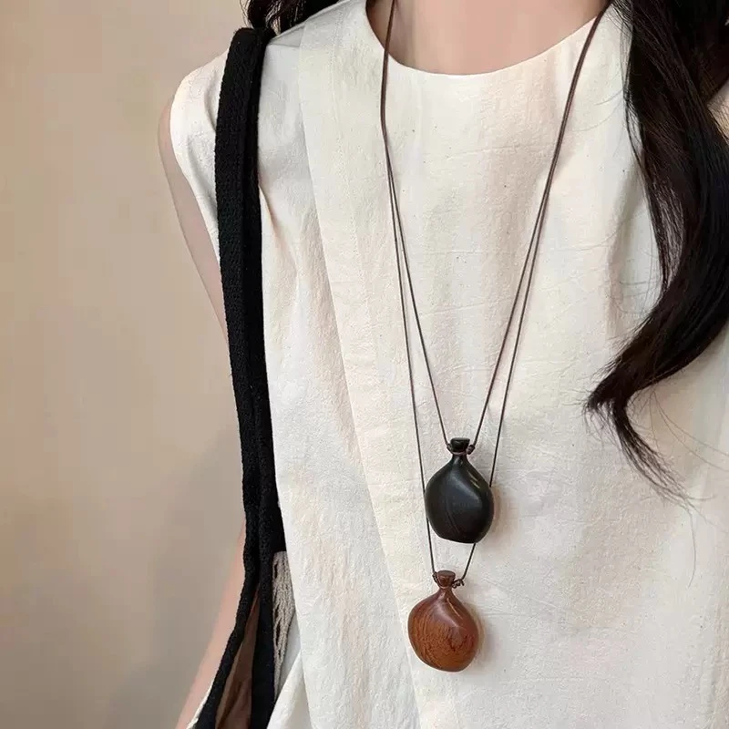 复古民族风木珠水壶吊坠项链禅意独特设计感毛衣链个性时尚项饰女