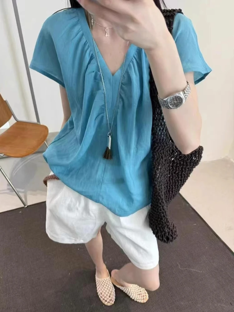 2025新款休闲韩系飞飞袖衬衣简约通勤显瘦V领宽松衬衫女小衫上衣