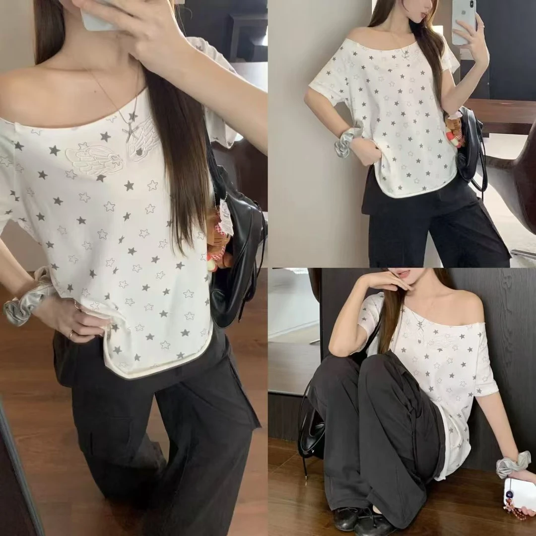 （浠儿姐姐）美式复古斜肩星星印花白色短袖t夏宽松百搭辣妹上衣潮