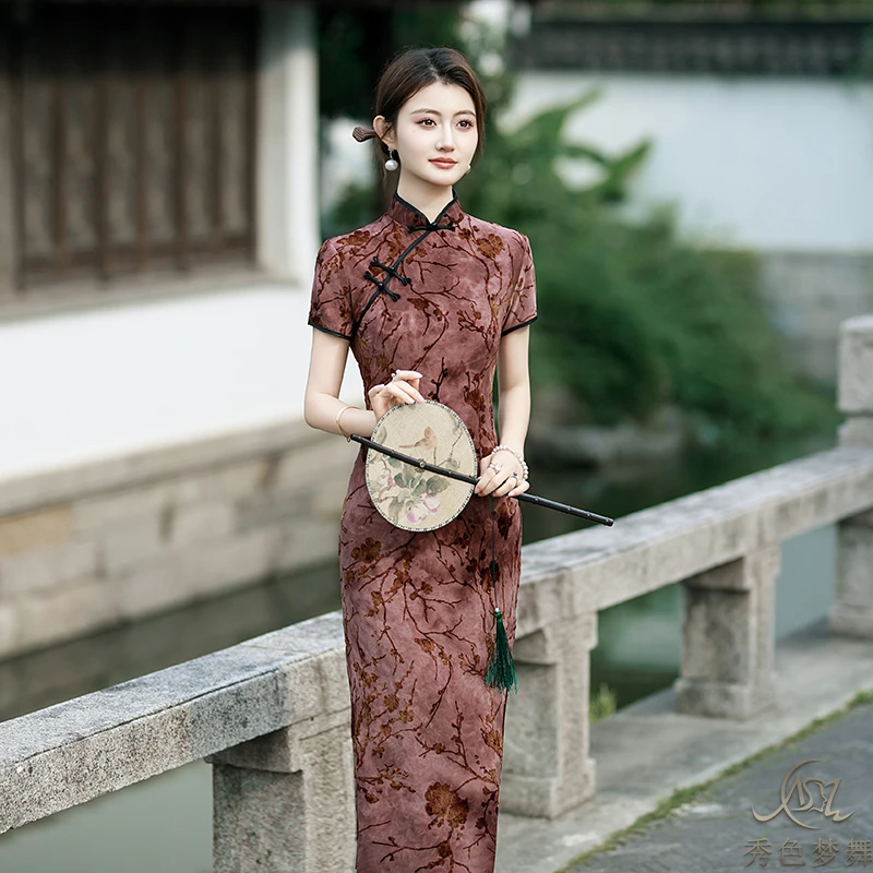 夏季新款冰感旗袍民国复古提花旗袍新中式大码中长款高弹力旗袍裙