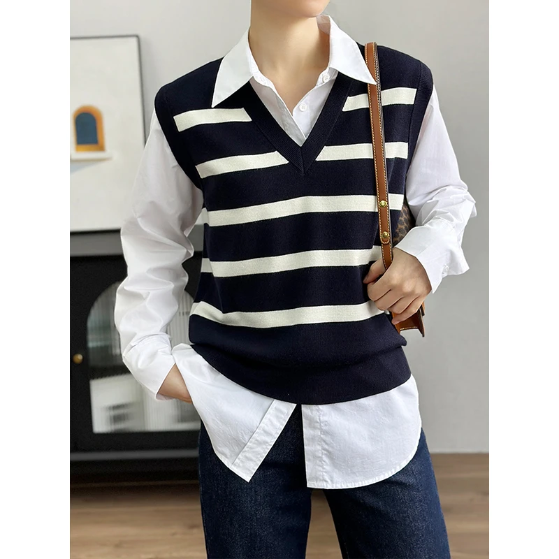 左左家 叠穿BI入~V领撞色条纹纯羊毛针织马甲女气质无袖毛衣背心