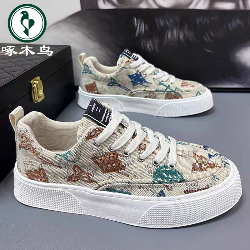【正品】啄木鸟男鞋夏季潮流百搭印花休闲帆布鞋子男款透气运动板鞋