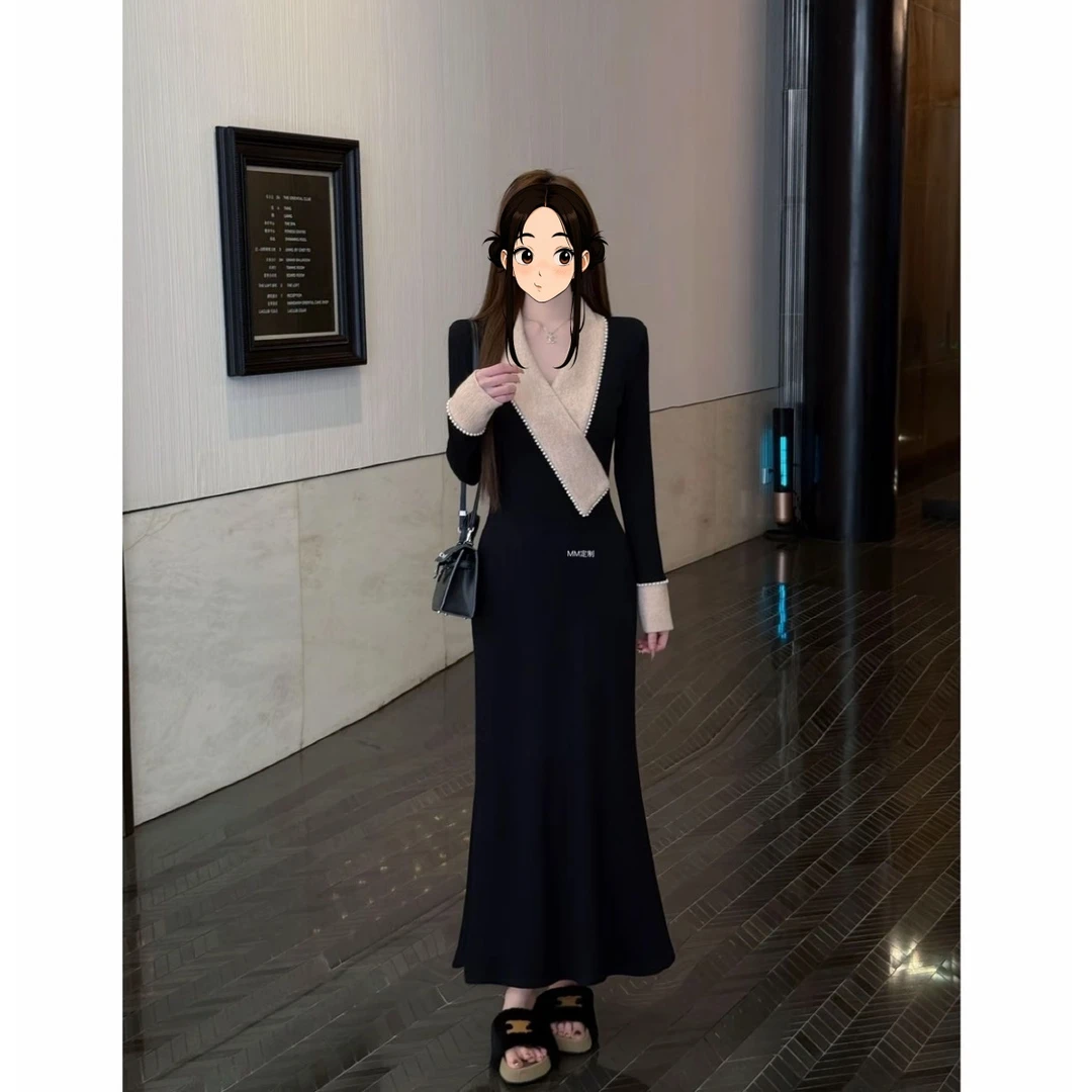 甜心月神冬季加绒气质V领珍珠拼接收腰显瘦连衣裙