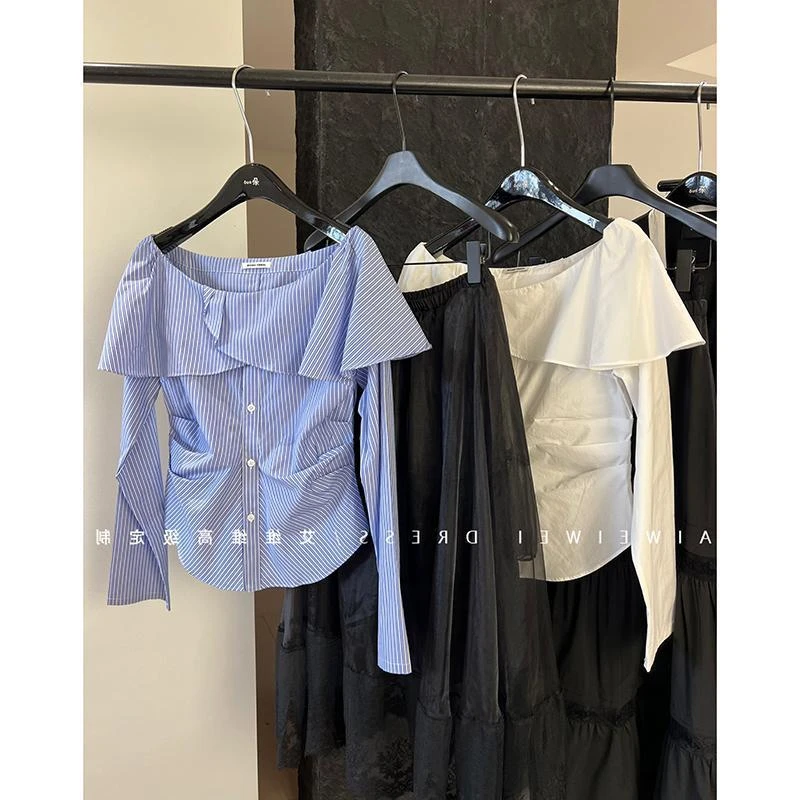 2025夏季新款一字肩荷叶边露肩条纹衬衫显瘦收腰气质百搭衬衣上衣