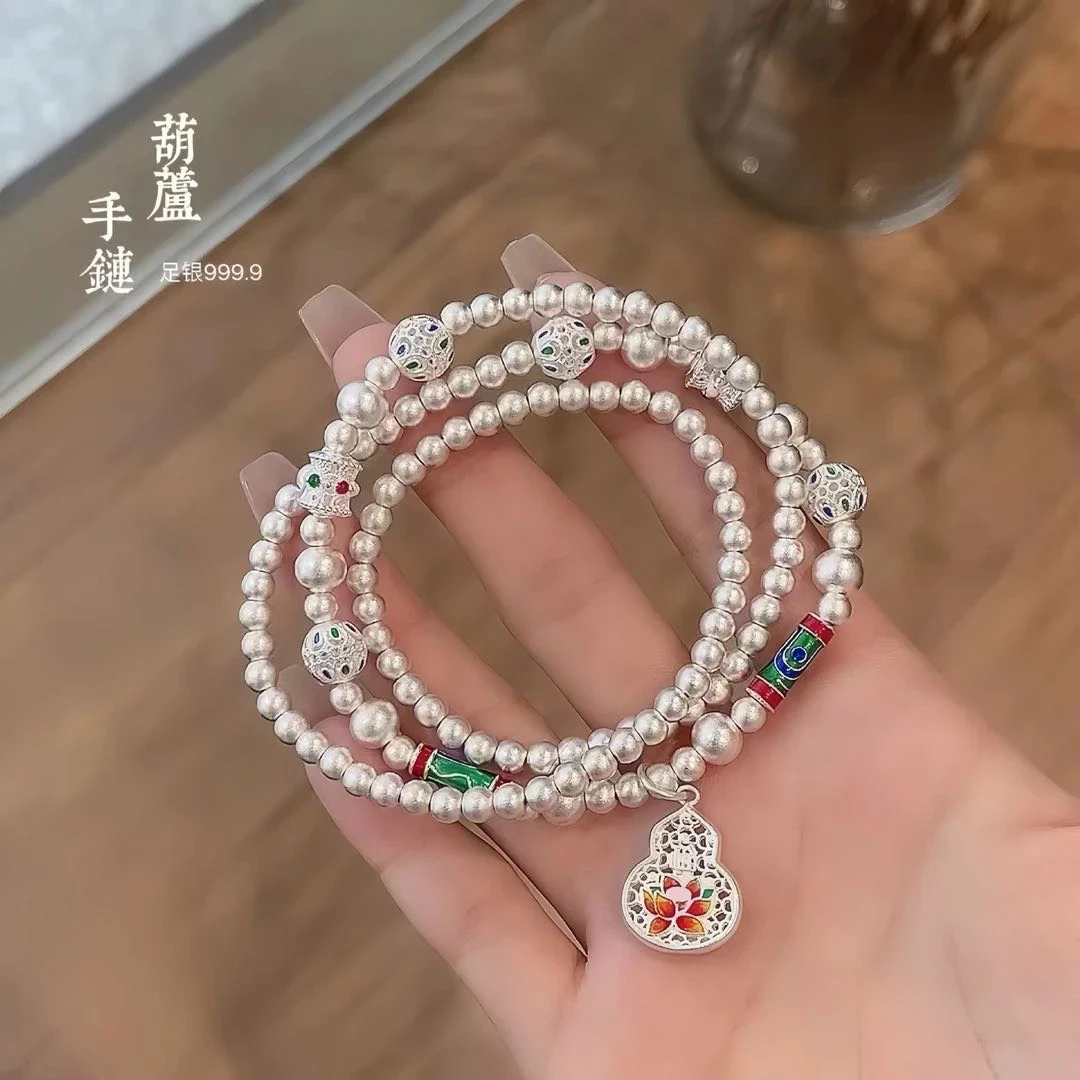 足银手镯 手链古法珐琅彩叠戴三圈串珠葫芦手链国风百搭SSS023