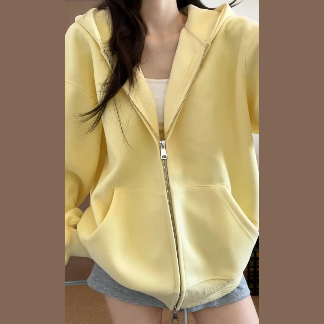 韩系巨好看的黄色连帽卫衣外套女早初秋季2025新款独特超好看上衣