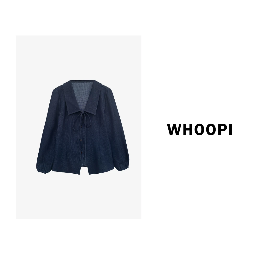 【Whoopi】【梦回比利弗】复古仿牛仔系带翻领长袖衬衫上衣