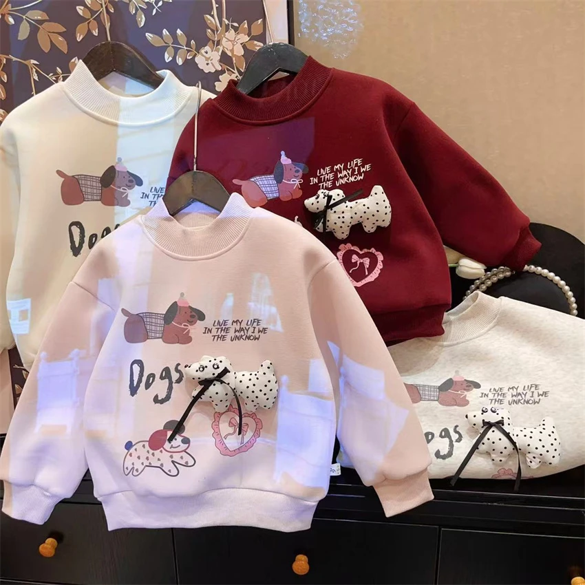 HHkids女童冬季加绒卫衣2024新款洋气时髦卡通上衣儿童加厚DWY106