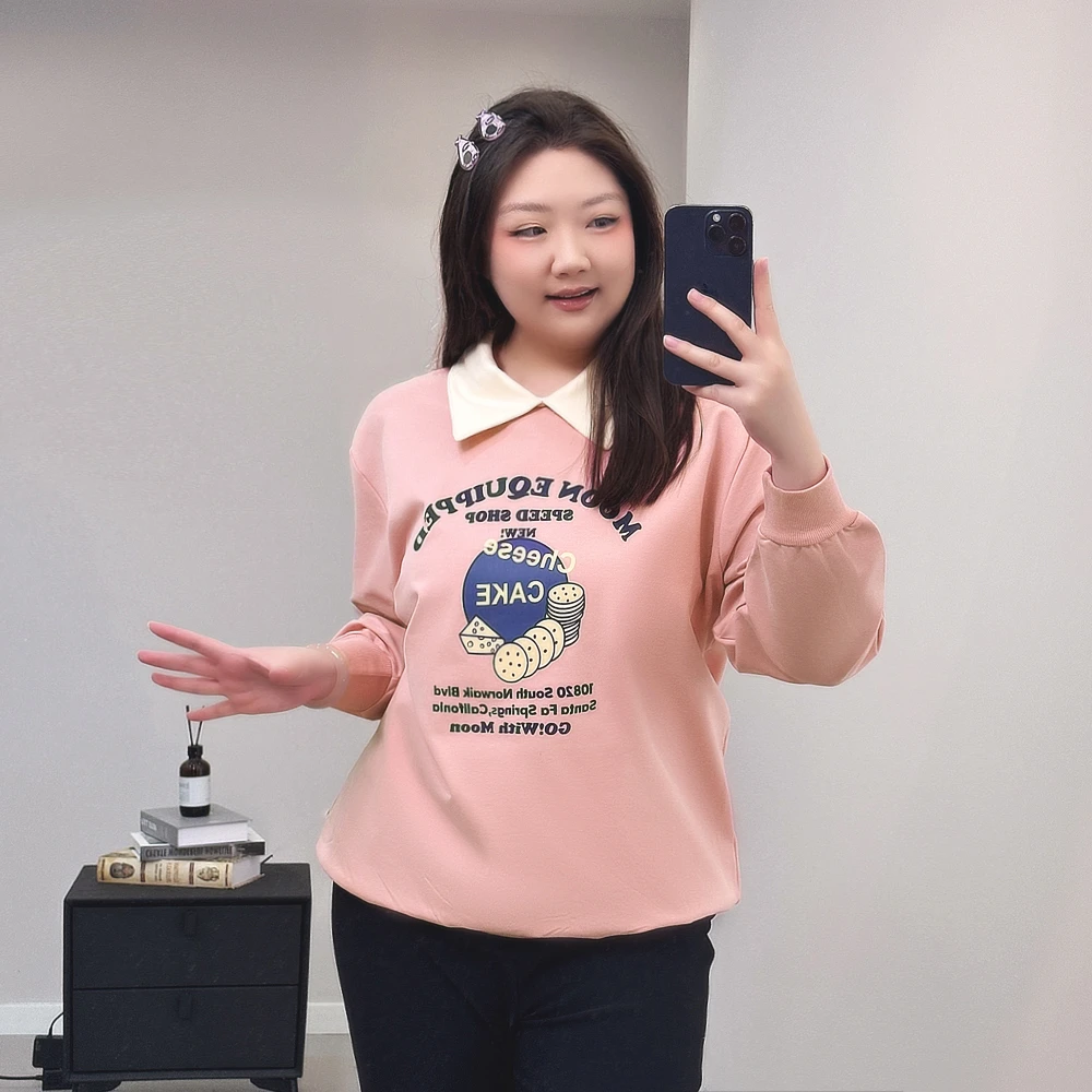 【岩心】大码女装300斤胖MM韩版翻领撞色卡通印花宽松百搭卫衣6635