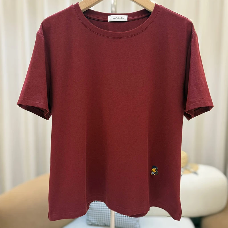 zaw大码女装卡通刺绣短袖T恤女显瘦遮肚子减龄洋气胖mm上衣/25308