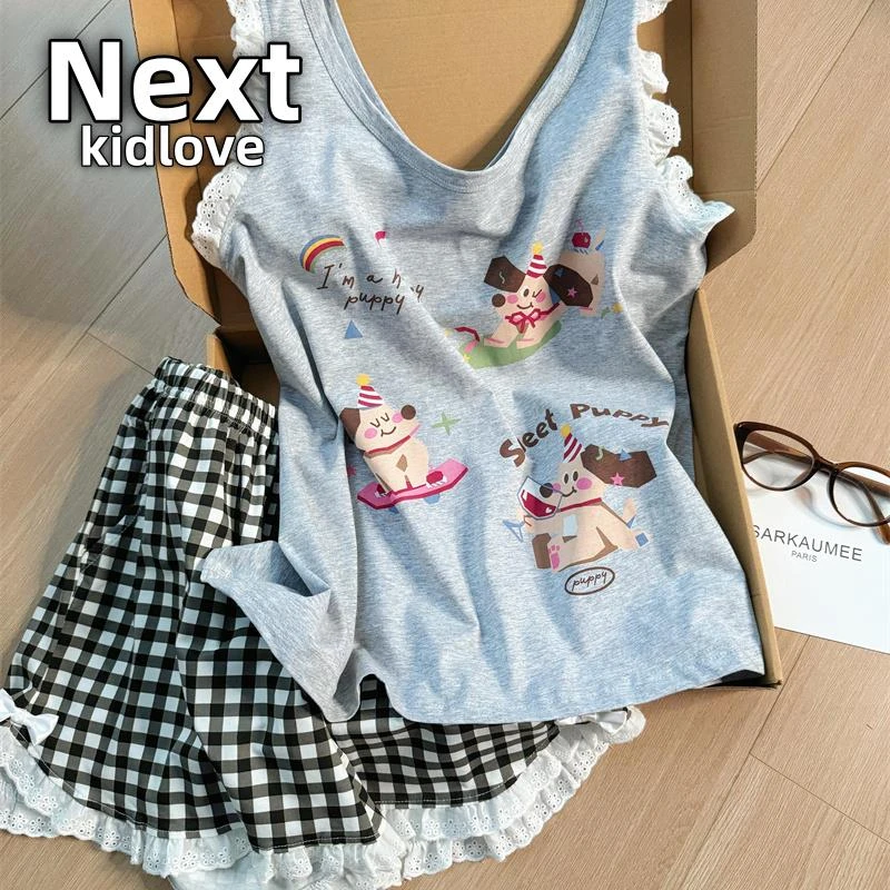 NEXT卡通腊肠狗印花背心睡衣女夏季大码可外穿花边吊带短裤家居服