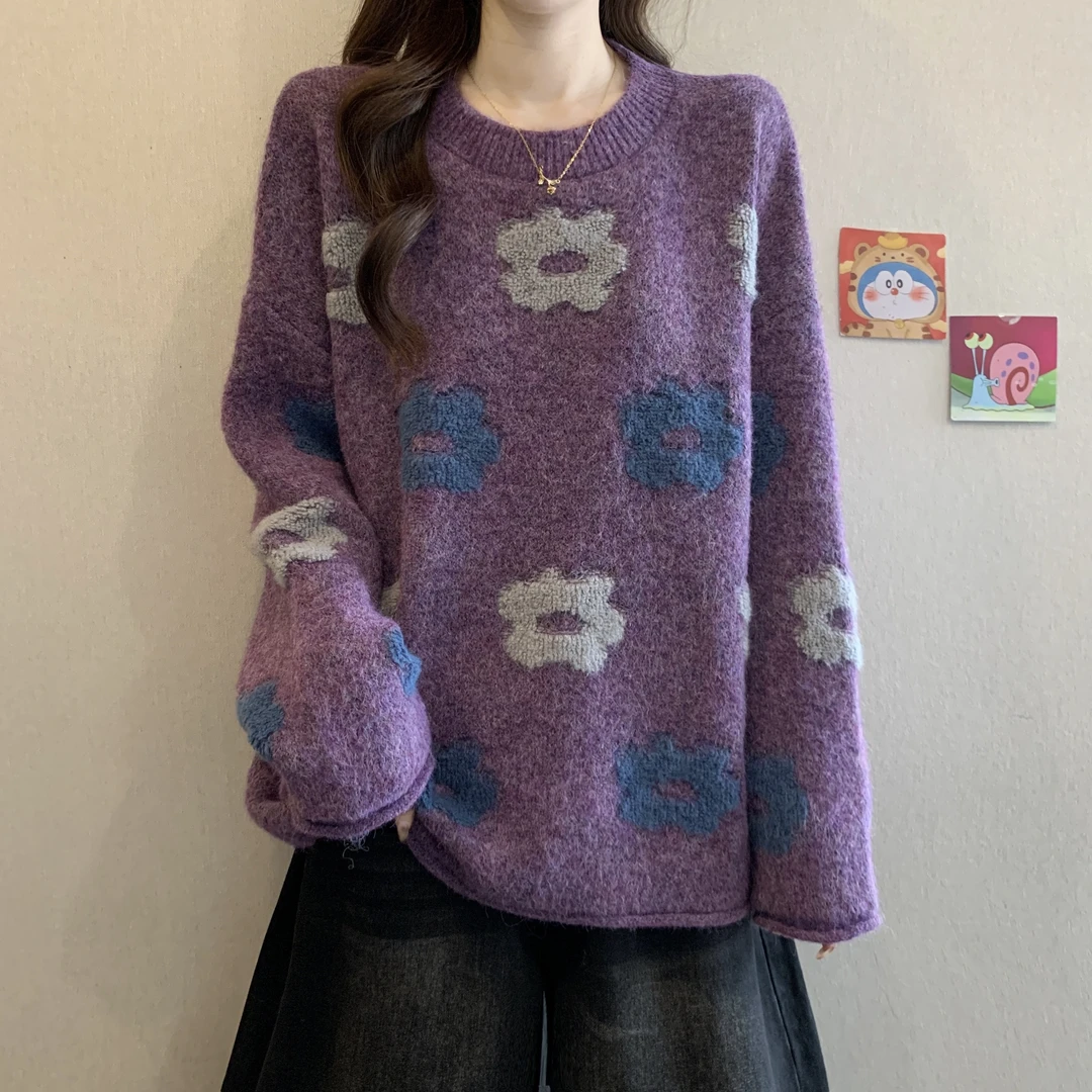 高级感毛绒花朵紫色毛衣上衣女装2025新款冬季大码独特漂亮针织衫