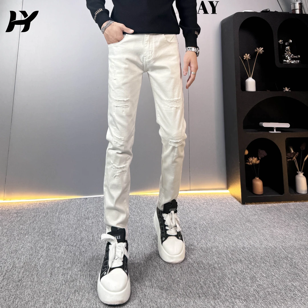 秋季新款高级白色贴布破洞牛仔裤时尚百搭个性弹力修身牛仔长裤男