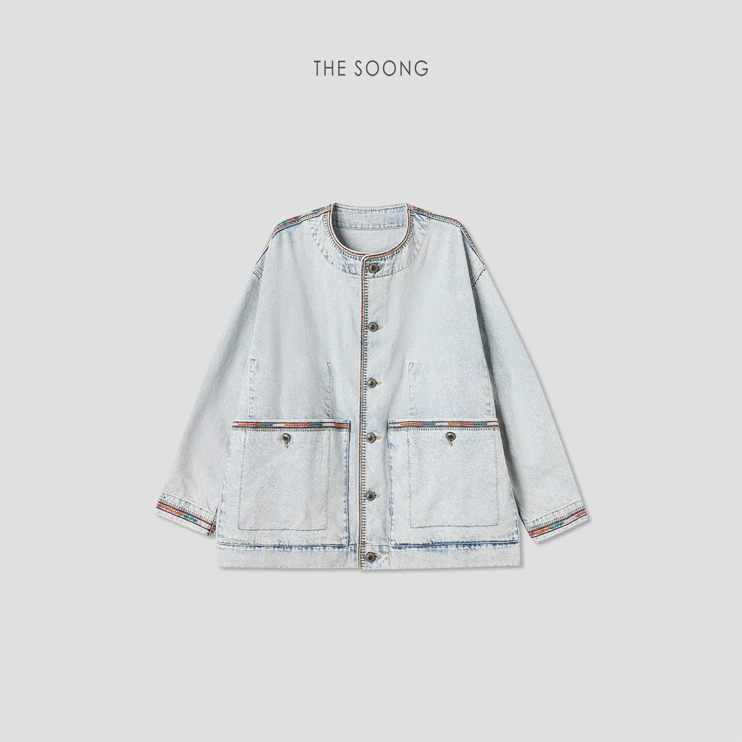 THESOONG|复古重工绣花洗水炒盐棉质宽松廓形牛仔外套HWNZ7648