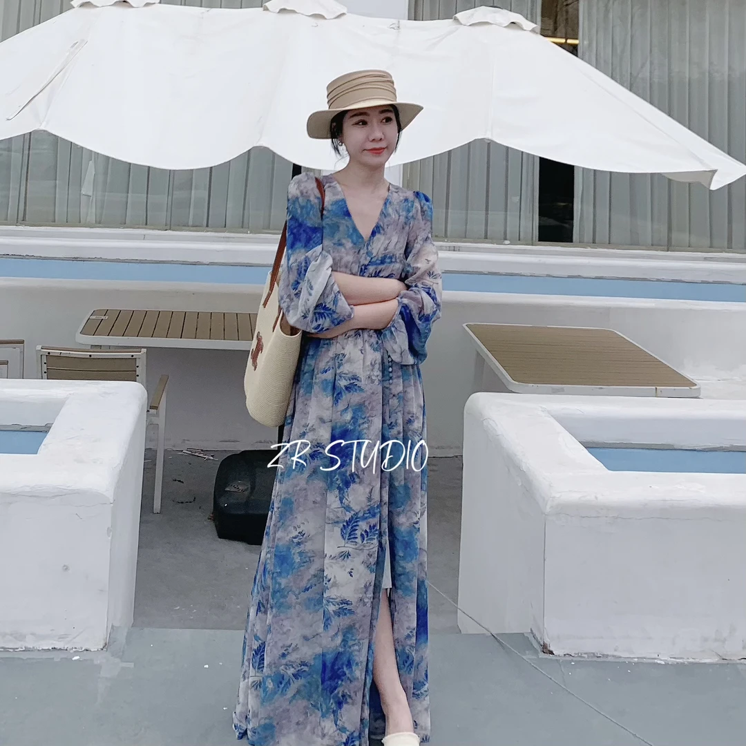 ZR 【30%真丝度假风】青釉蔓藤春夏V领高腰气质大摆连衣裙