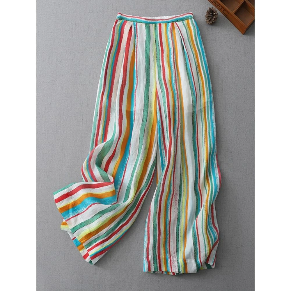 慵懒松弛感休闲凉凉裤显瘦直筒长裤夏天薄款彩虹条纹棉麻阔腿裤女