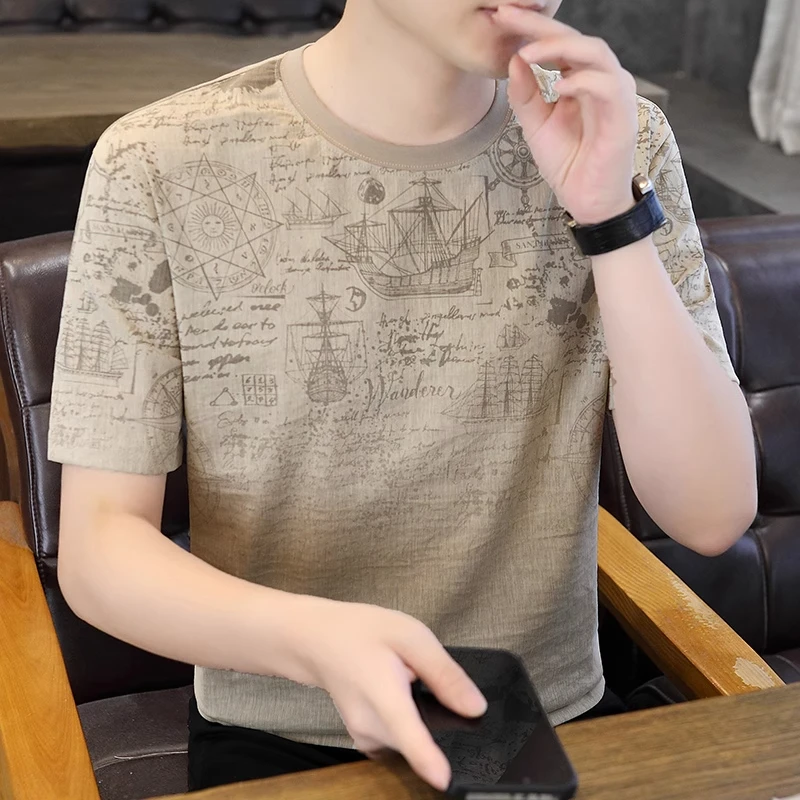 潮牌印花男士短袖t恤男款夏季薄款冰丝休闲百搭圆领半袖透气上衣