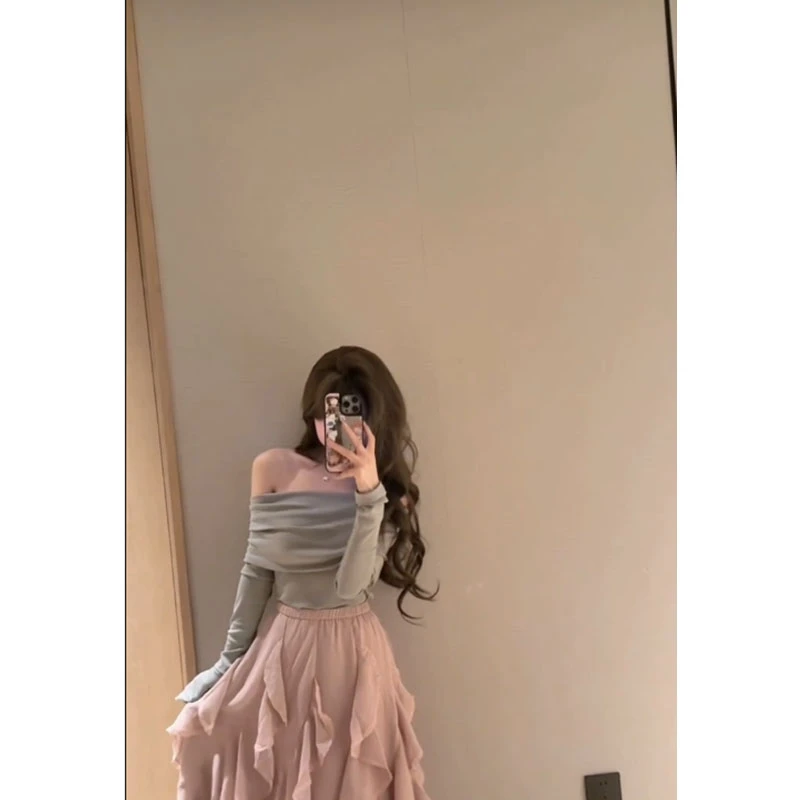 韩系甜美风休闲百搭设计感一字肩长袖上衣高腰显瘦花边中长半身裙