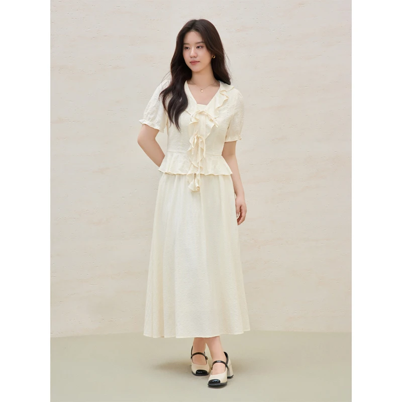 独束大码女装法式荷叶边小衫半裙时尚上衣两件套25DS82240/82293