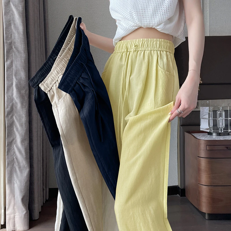 冰感莱赛尔亚麻裤夏季薄款阔腿裤小个子高腰宽松直筒裤九分休闲裤
