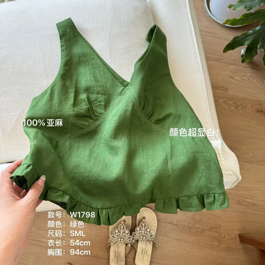 小文姐 W1798-夏季V领宽松凉快背心百搭压褶舒适文艺无袖上衣女