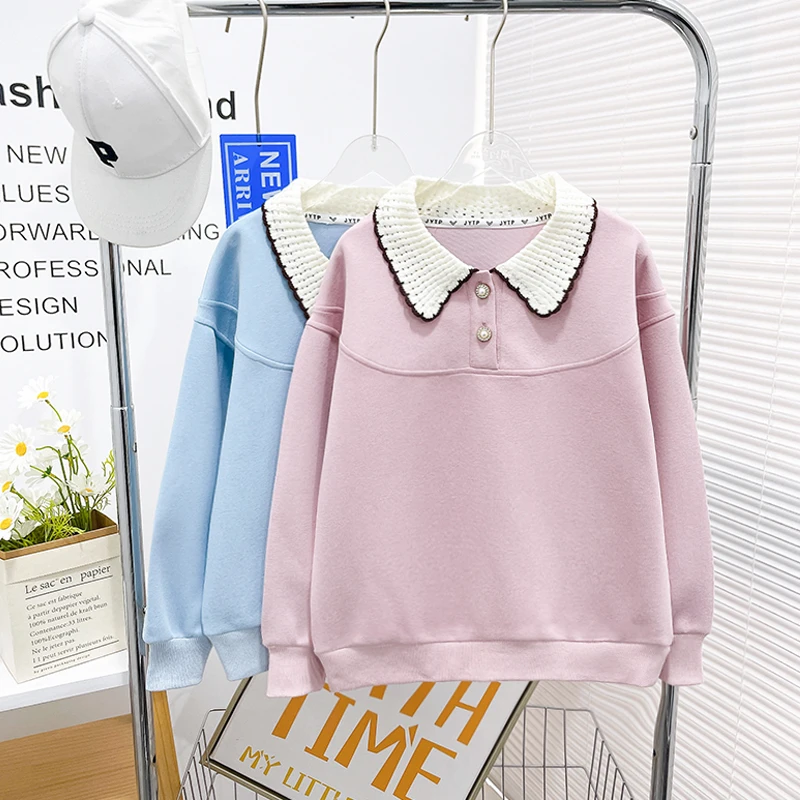 春季新款女童卫衣毛线花边上衣春款潮流中大童韩版zb5373简约童品