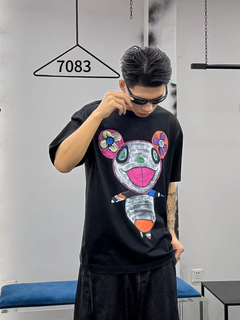 T恤潮流上衣情侣精致韩风手绘卡通夏季印花高奢短袖黑色圆领半袖