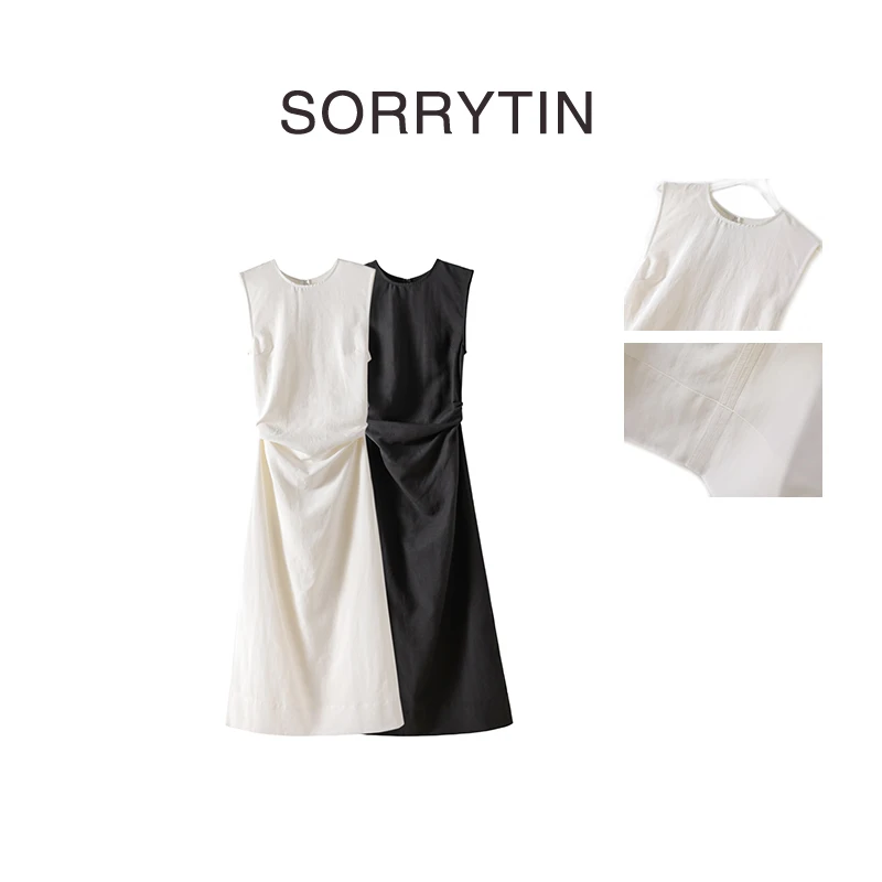 《岚褶夏》SORRYTIN 高级女人味 智性风收腰褶皱丝麻无袖连衣裙