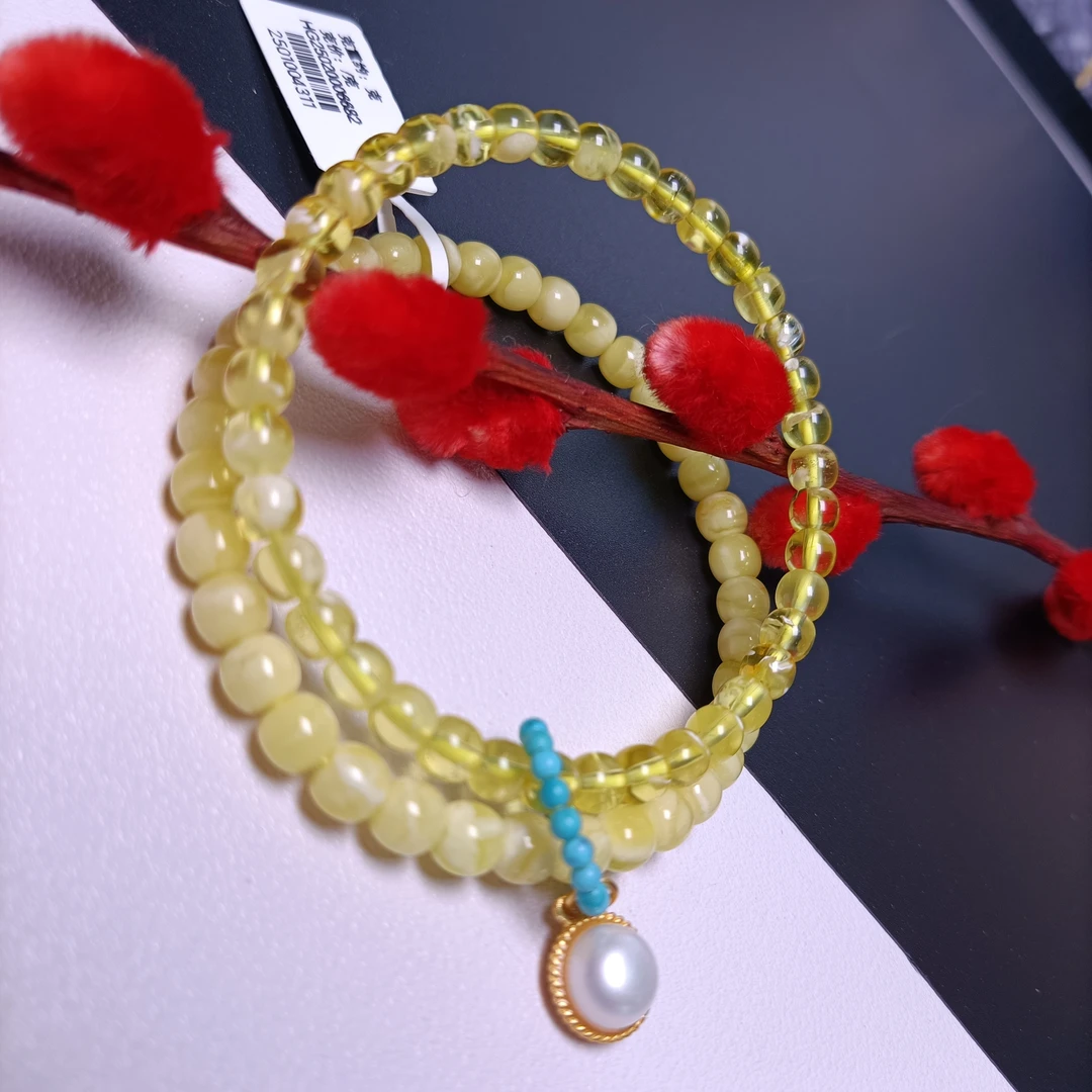 天然蜜蜡双圈手串~浓蜡配金白拉丝品质~浓5.5金白5.0珠径~4311