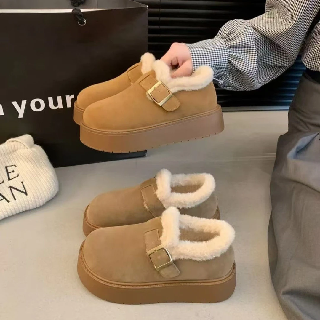 牛皮勃肯鞋女冬季加绒保暖搭子厚底一脚蹬毛毛鞋W-8-A