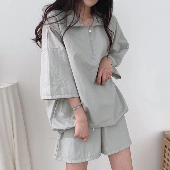 高领拉链短袖短裤女装两件套2023新款夏季时尚休闲运动服套装宽松