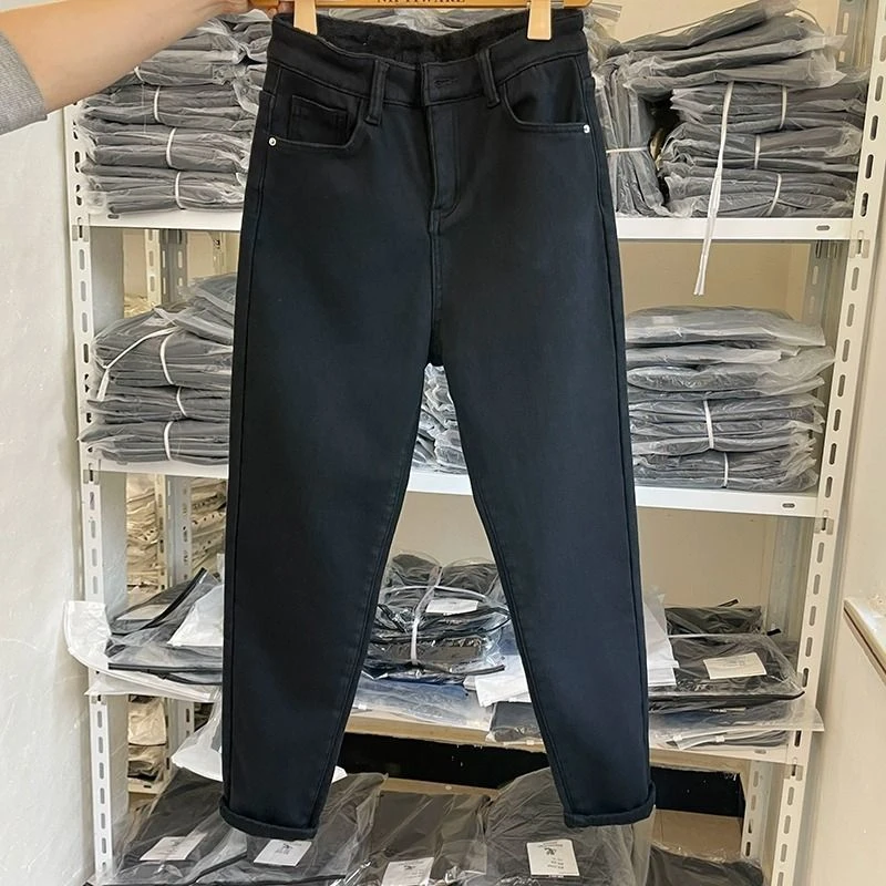 冬季加绒爆款黑色哈伦牛仔裤高腰显瘦遮胯外穿百搭胖MM大码老爹裤