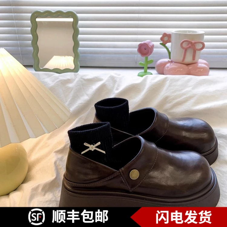 英伦风乐福小皮鞋女2025春季新款复古松糕厚底鞋两穿勃肯包头半拖