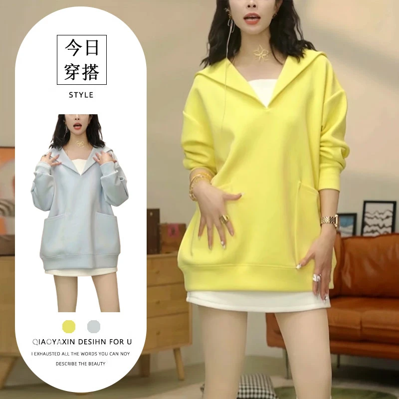 秋装新款设计感减龄宽松版大口袋时尚运动休闲百搭v领假两件卫衣