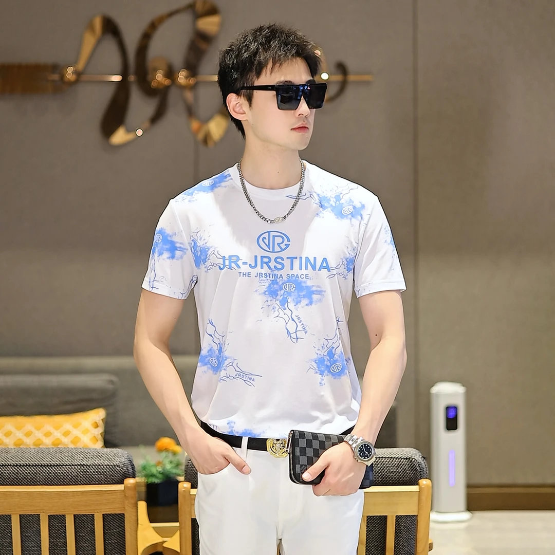 男士2025夏季新款潮牌个性印花圆领短袖韩版修身百搭薄款T恤帅气