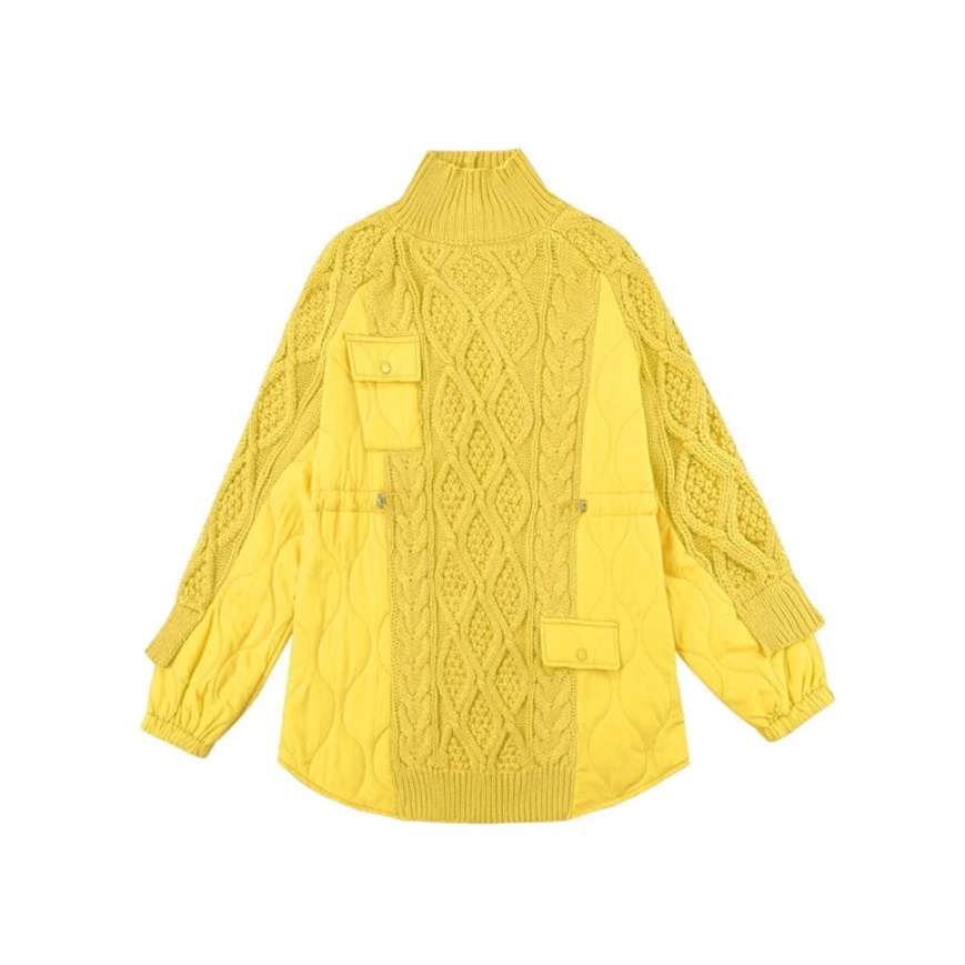 潮牌设计感棉服夹棉拼接毛衣女高领套头减龄抽绳玫红色上衣外穿