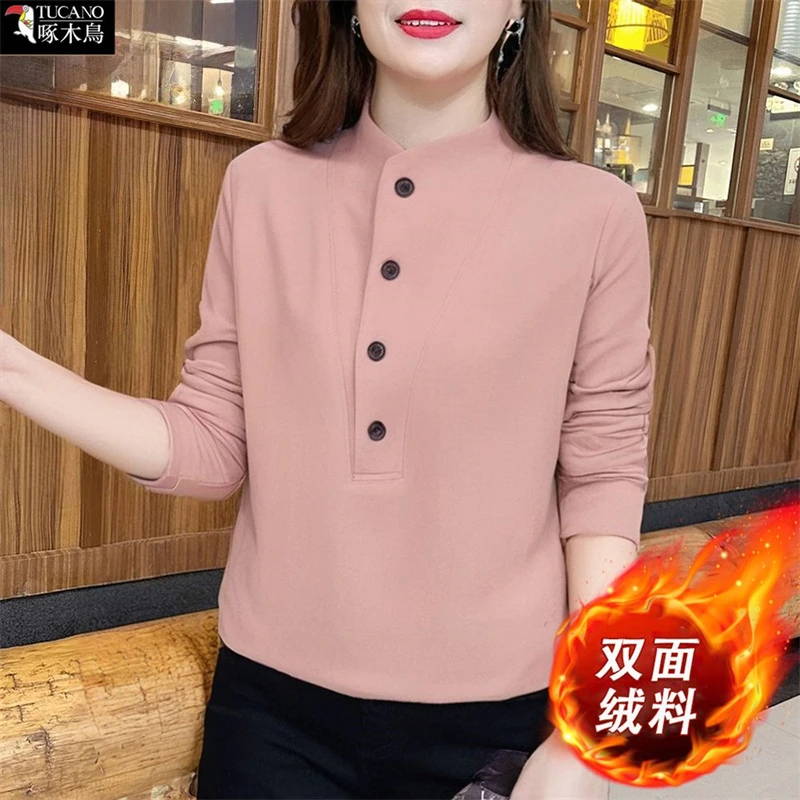 啄木鸟正品2025年新款拼接显瘦T恤女装秋冬澳绒保暖长袖上衣