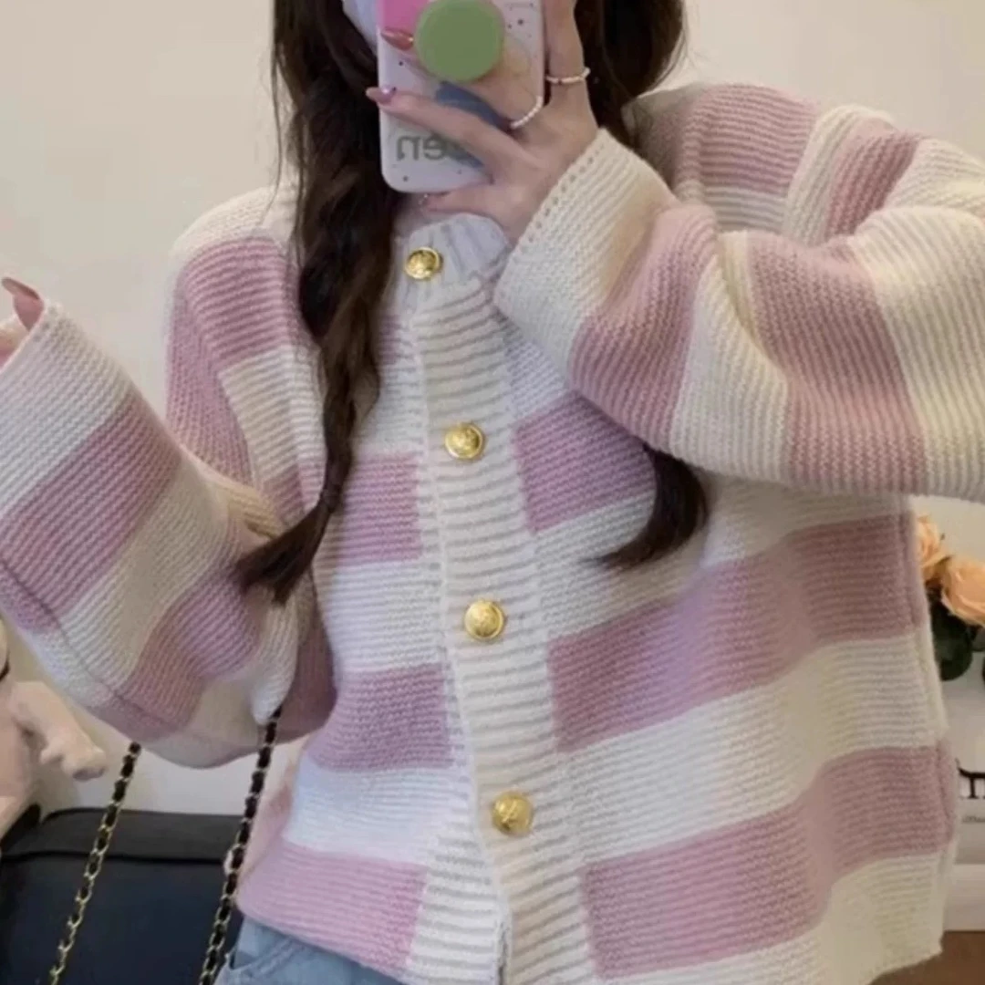 紫哥ZIGE软糯条纹圆领小香毛衣外套#72036