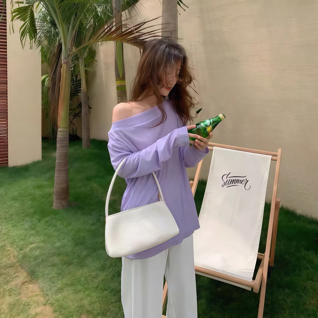 E念2810一字肩旅游冰丝透视性感辣妹风时尚百搭女士防晒长袖T细