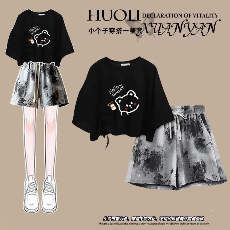 女童夏季宽松短袖套装2024新款中大童T恤上衣搭配国风短裤两件套