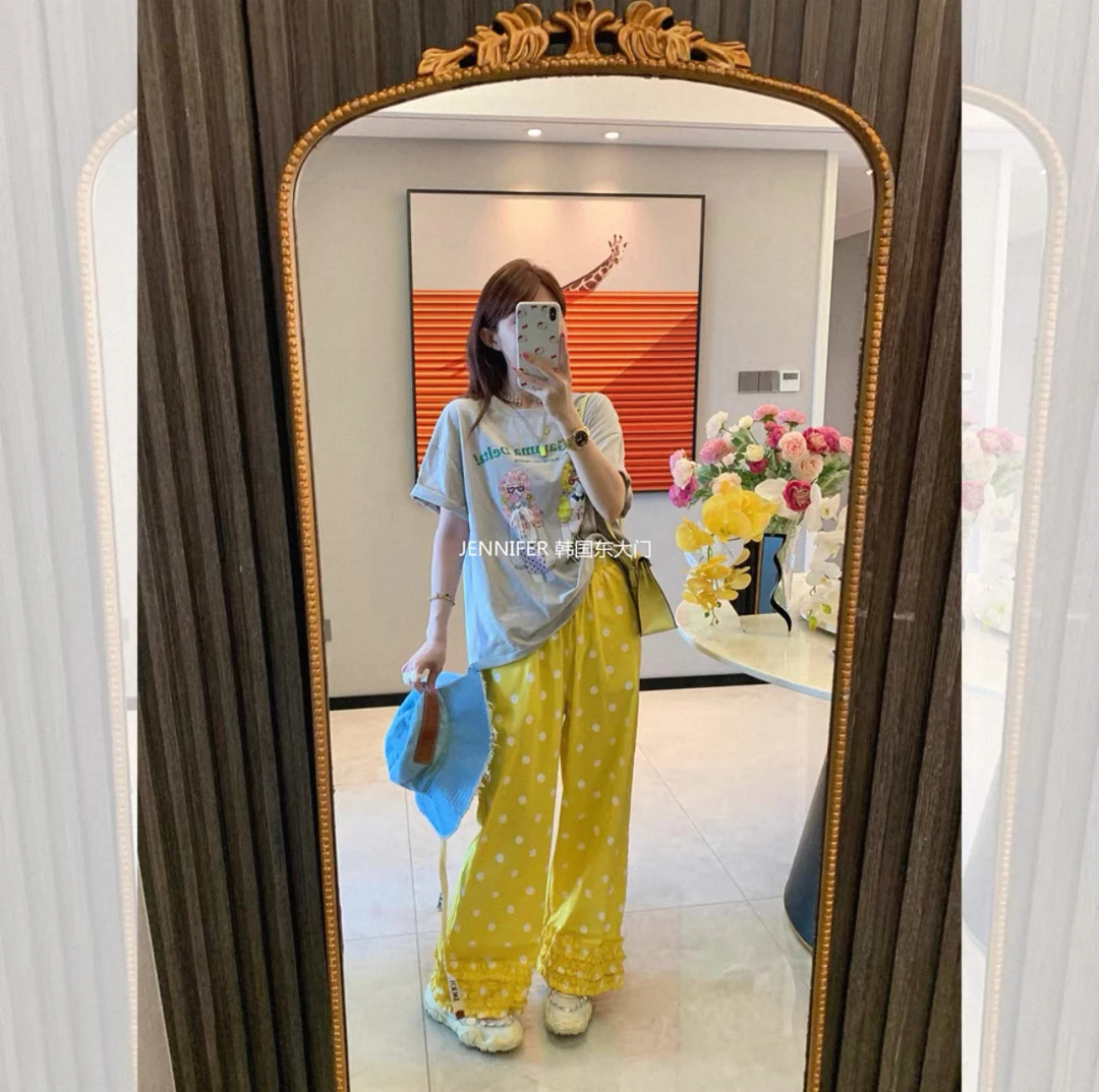 韩版休闲波点松紧腰#783木耳边直筒裤